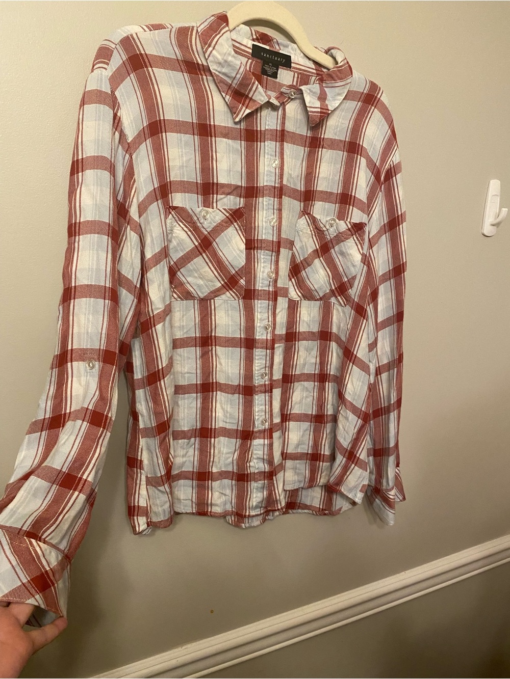 Sanctuary White and Red Plaid Casual Button-Down Shirt